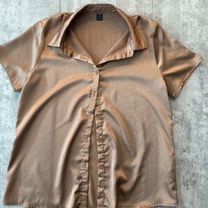 Shein Short Sleeve Shirt Blouse Satin Champagne Short Sleeve Dressy Work Wear XL